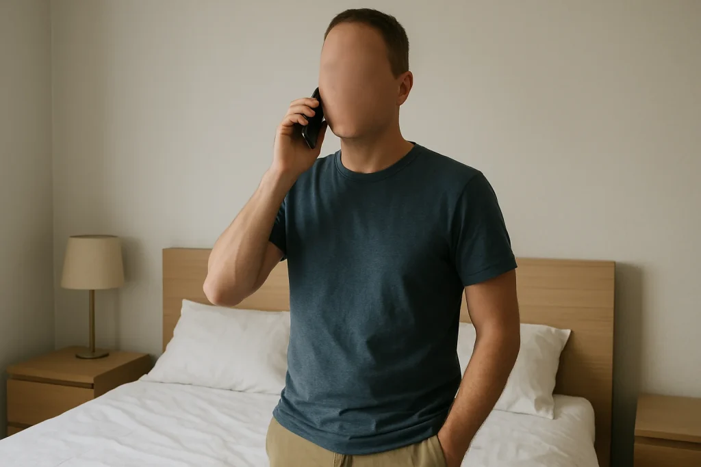 Mann am Telefon im Schlafzimmer für anonymen Telefonsex